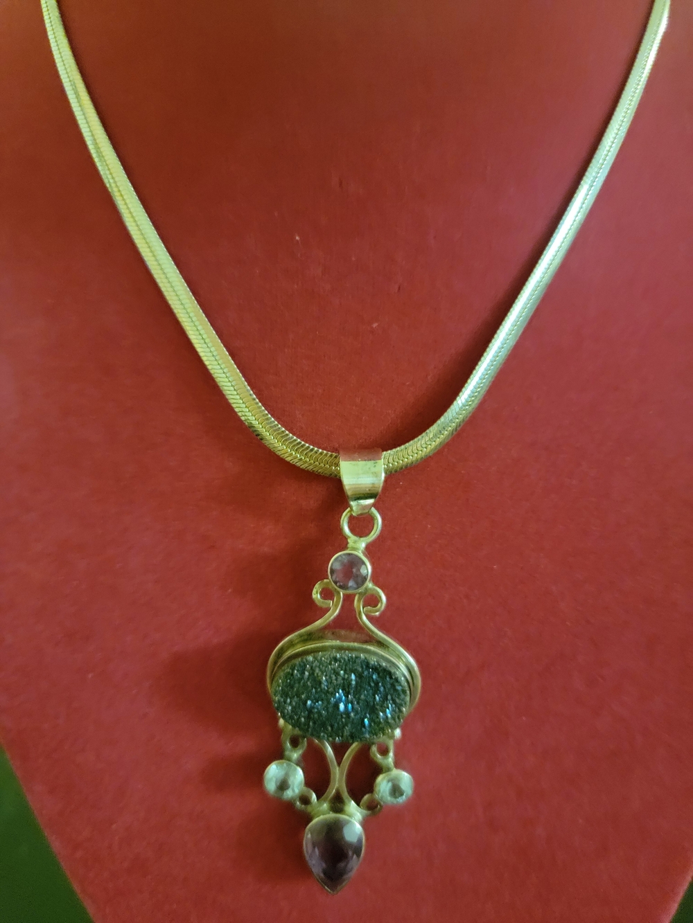 Siver Tone Pendant Necklace with Purple Druzy and Purple Stones